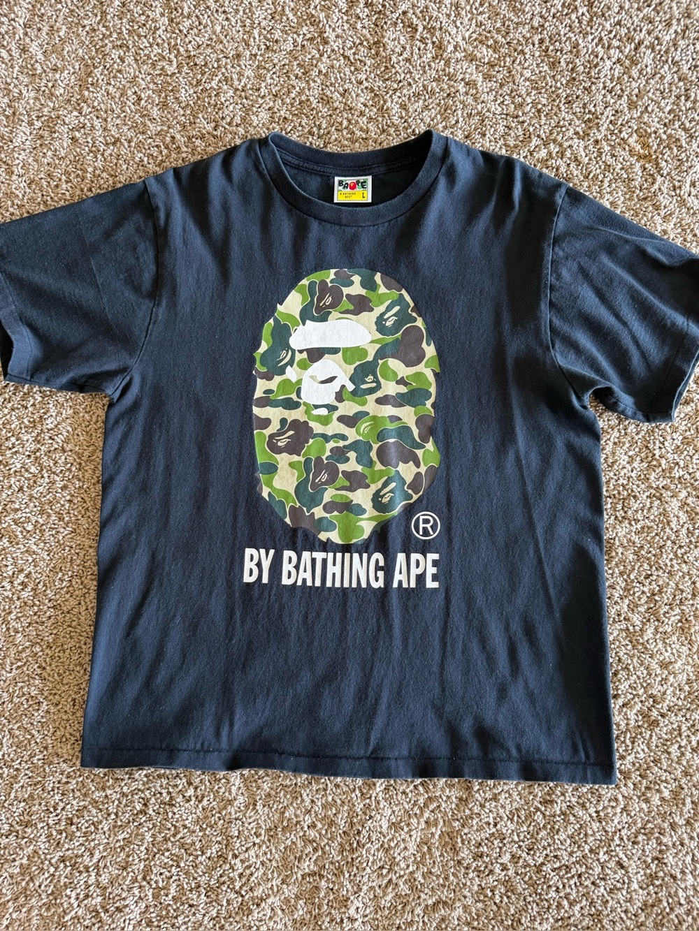Bape Black Tee with Green Camo Ape Head